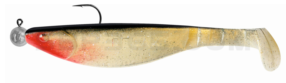 Kopyto-River 6" (ca. 16,0 cm) goldperl-Glitter / schwarz, montiert auf MUXRO 10/0 15g