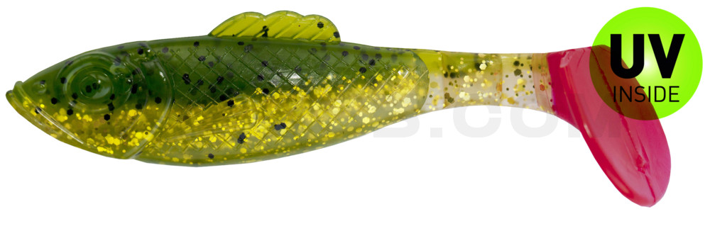 Super Shad 4" (ca. 11 cm) dunkelgrün Glitter  / klar gold Glitter / red tail