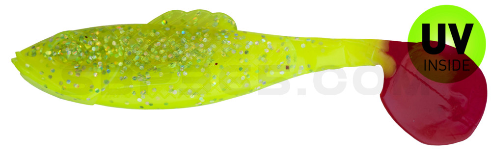 Super Shad 4" (ca. 11 cm) fluogelb  / fluogrün-Glitter / red tail