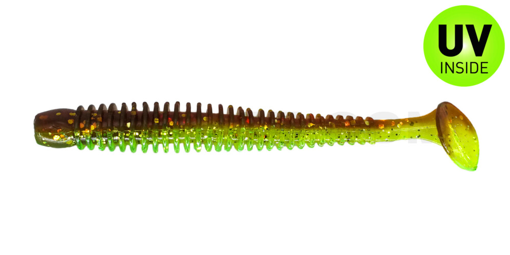 Texas 4" (ca. 10 cm) grün (chartreuse)-Glitter / motoroil Glitter