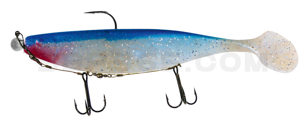 Xtra-Soft 9" (ca. 23,0 cm) blauperl-Glitter / blau, montiert auf MUXRO 12/0 20g, mit Beihänger-System