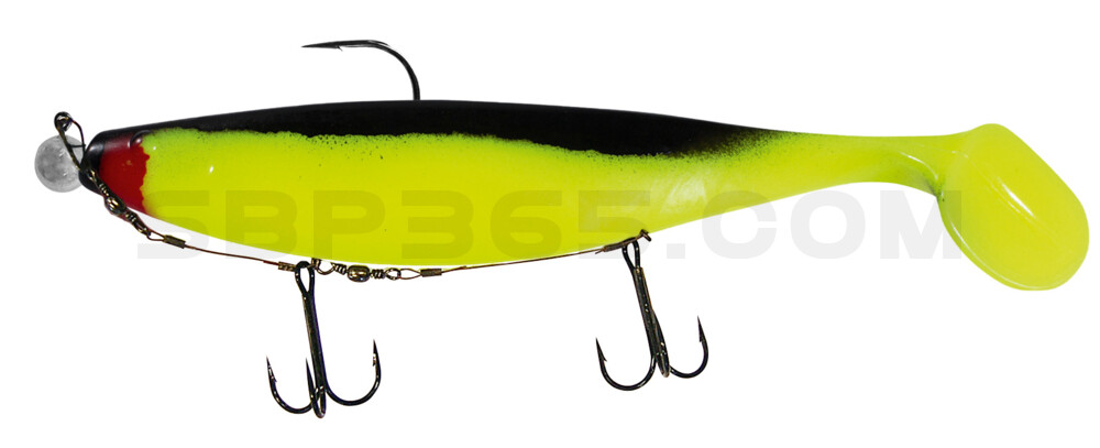 Xtra-Soft 9" (ca. 23,0 cm) fluogelb / schwarz, montiert auf MUXRO 12/0 25g, mit Beihänger-System