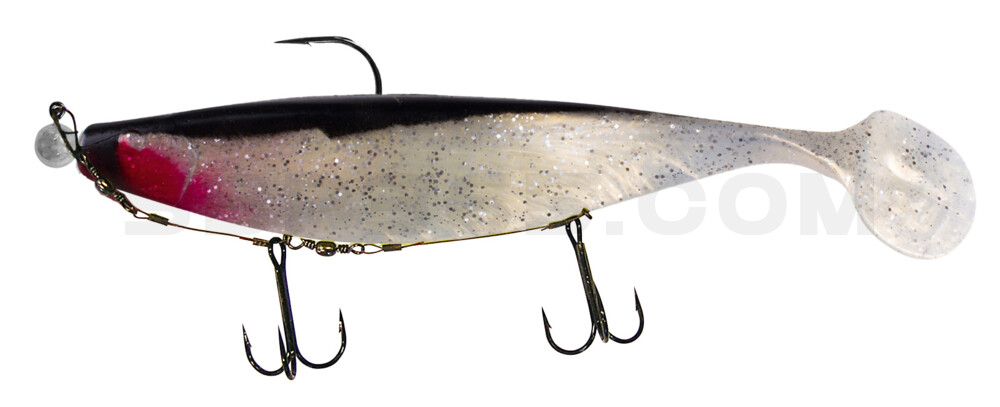 Xtra-Soft 9" (ca. 23,0 cm) goldperl-Glitter / schwarz, montiert auf MUXRO 12/0 20g, mit Beihänger-System
