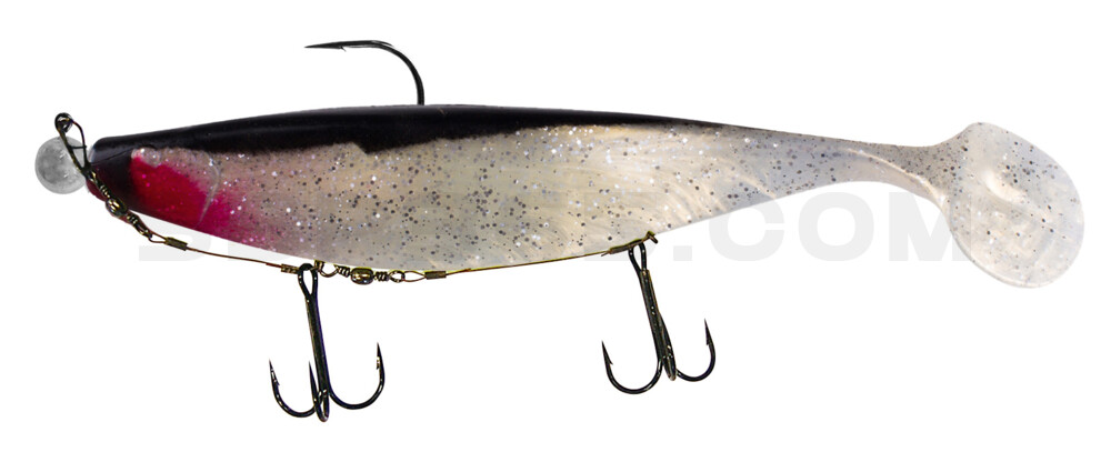 Xtra-Soft 9" (ca. 23,0 cm) goldperl-Glitter / schwarz, montiert auf MUXRO 12/0 25g, mit Beihänger-System